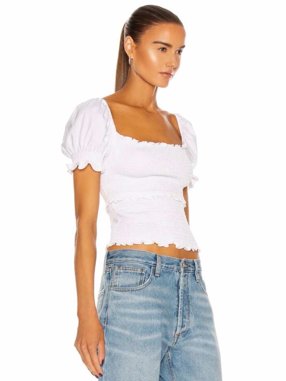 Like new designer Cinq a Sept White Smocked Puff Sleeve Square Neck Top size S. - Picture 2 of 12